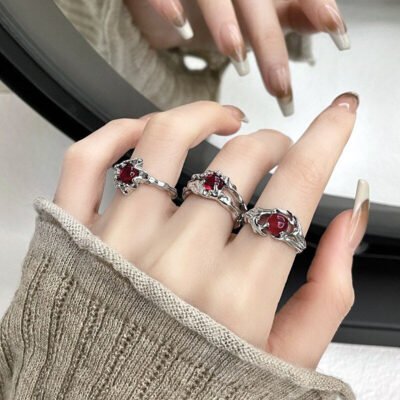 Irregular Gemstone Ring Aesthetic Girl Hollow Red Stone Ring Women's Liquid Hollow Ring Vintage Jewelry Accessories