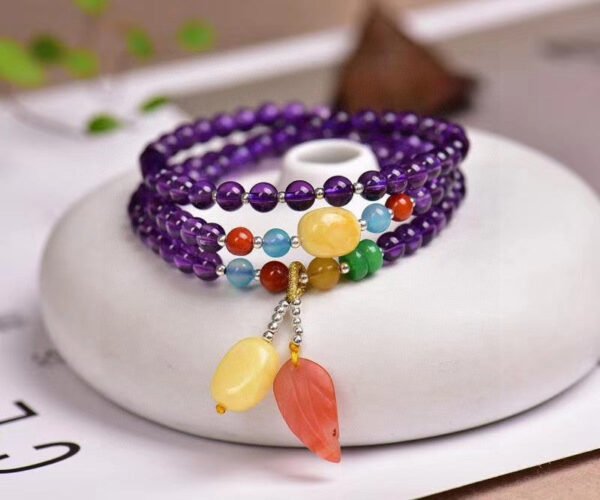 Natural Amethyst Three Ring Bracelet, paired with natural honey wax, Tianhe Stone, South Red, all accessories are natural, Amethyst size is about 5mm, 1020799