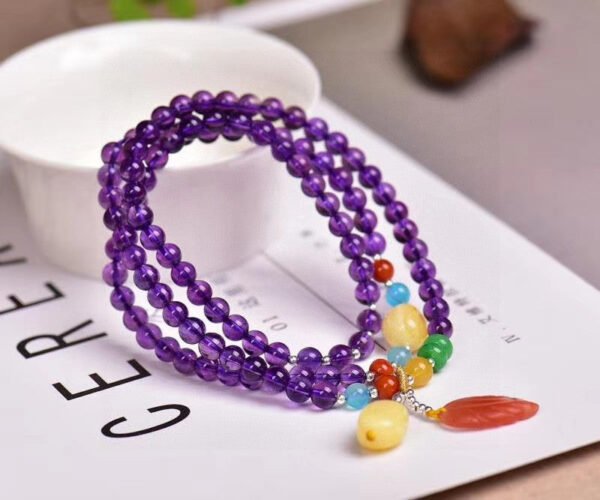 Natural Amethyst Three Ring Bracelet, paired with natural honey wax, Tianhe Stone, South Red, all accessories are natural, Amethyst size is about 5mm, 1020799