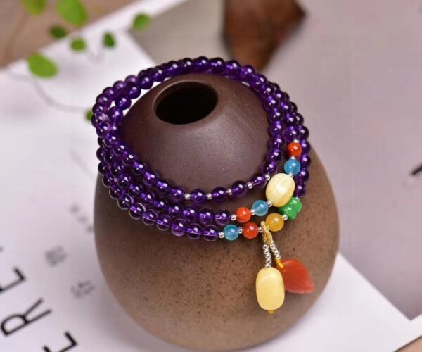 Natural Amethyst Three Ring Bracelet, paired with natural honey wax, Tianhe Stone, South Red, all accessories are natural, Amethyst size is about 5mm, 1020799