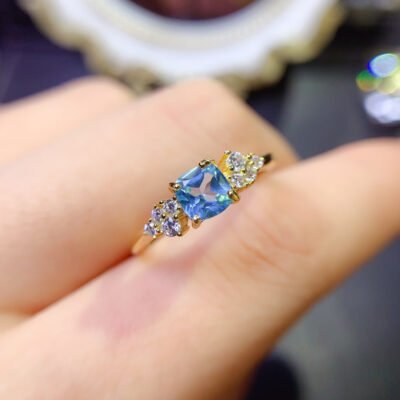 Natural Swiss Blue Topaz Stone Ring, with a main stone size of 5mm square,2610099352